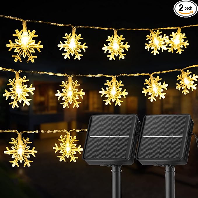 Brightown Solar Christmas Snowflake String Lights 2-Pack 100 LED 78FT Outdoor Waterproof Fairy Lights with 8 Lighting Modes for Wedding, Party, Tree, Room, Garden, Patio, Yard, Home(Warm White)