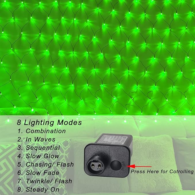 Green Net Outdoor Mesh Lights for St Patrick's Day, 14.8ft x 5ft 300 LED String Lights, 8 Modes Connectable Fairy Mesh for Christmas, Bushes, Tree, Party, Garden Decor