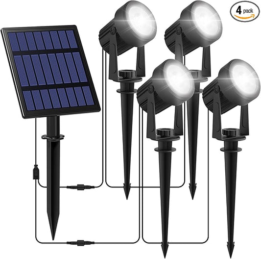 Solar Spot Lights Outdoor, 4-in-1 Solar Landscape Spotlight Waterproof 9.8ft Cable, 5W 3000mAh, Auto ON/Off Adjustable Solar Wall Lights for Yard, Ground, Garden, Pool, Lawn (Cold White)