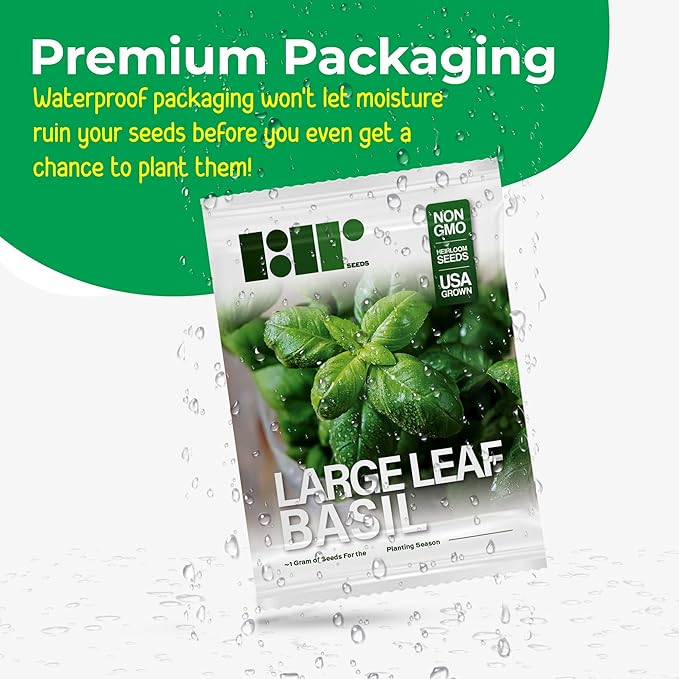 Large Leaf Italian Basil Seeds for Planting - Heirloom, Non-GMO, USA Grown - Premium Waterproof Packaging with Instructions