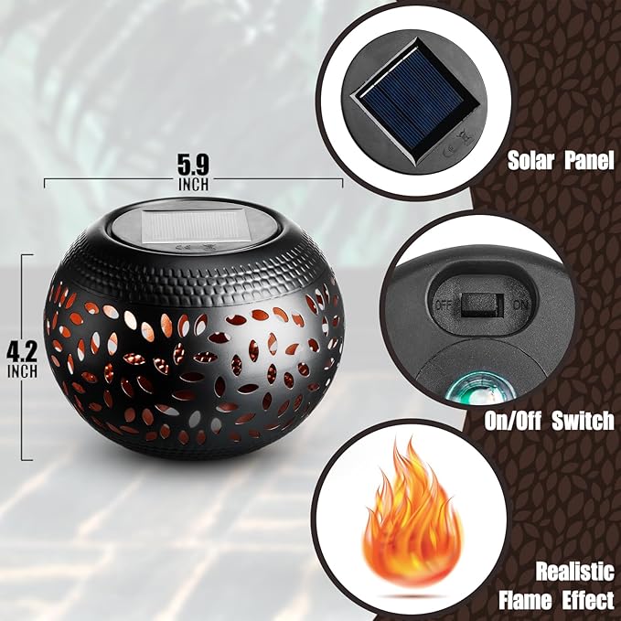 Reginary 2 Pcs Solar Table Lantern Outdoor Waterproof Dancing Flashing Flame 7 Color 2 Modes Metal Tabletop Light Desktop Decorative Lamp Auto On/Off Lighting for Patio Garden Pathway Yard (Black)