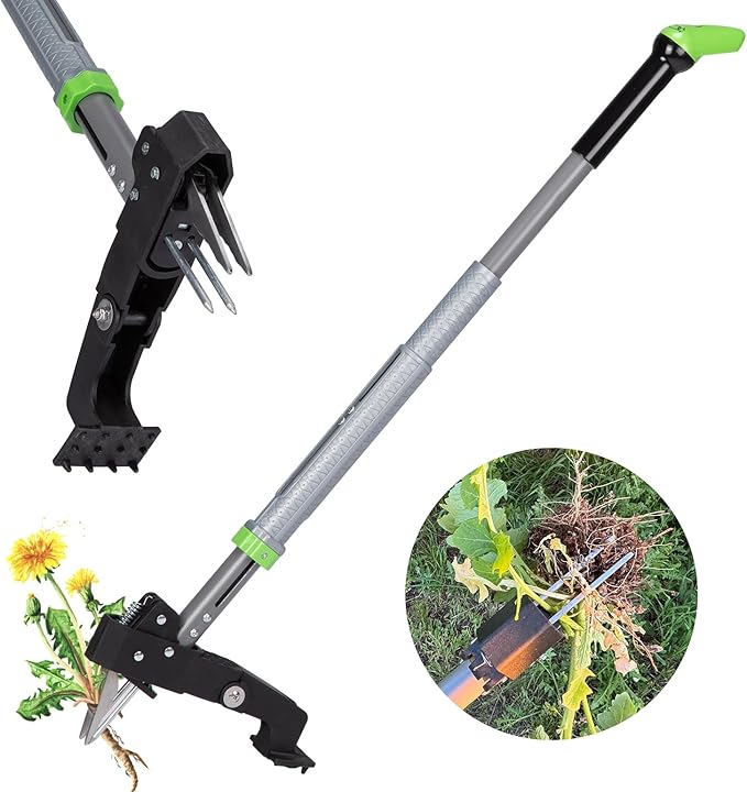 DEERFAMY Heavy Duty Stand Up Weeder Puller Tool, Adjustable 40-46in Ergonomic Long Handle Weeder Tool with 4-Claw Stainless Steel and Easy-Eject Mechanism, Weeding Without Bending, Green