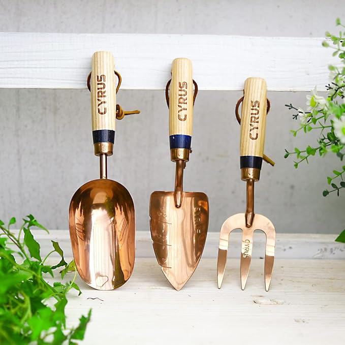 CYRUS Garden Tool Set, 3 Piece Stainless Steel Hand Trowel, Includes Hand Trowel, Transplanting Shovel and Hand Rake with Ash Wood Handle for Planting, Maintaining Lawns and Gardens, Rose Gold