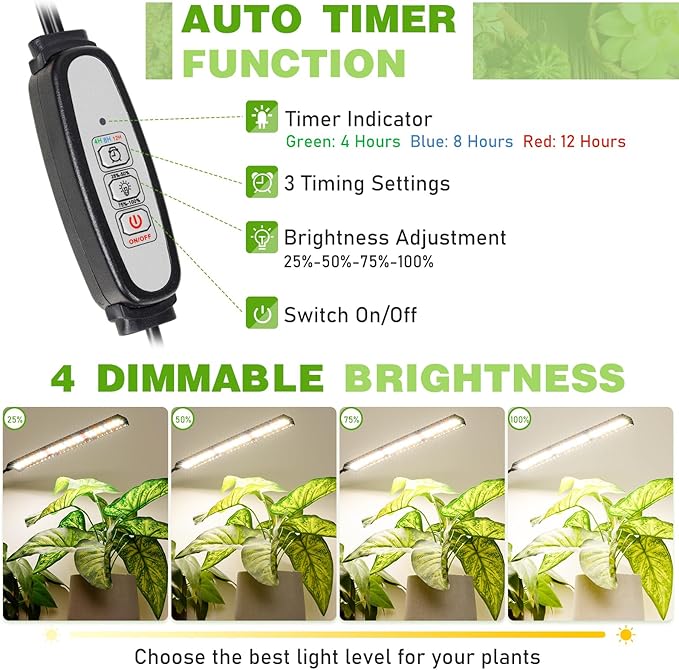 FOXGARDEN® Grow Light Full Spectrum, Dual Head Plant Lights for Indoor Growing with Flexible Gooseneck, 104 LEDs Clip Grow Lamp with 4/8/12H Timer, 4 Brightness Levels, Ideal for Indoor Growth