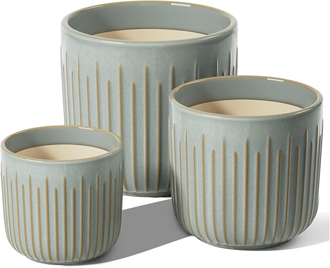 LE TAUCI Ceramic Planters, Set of 3 Plant Pots for Indoor Plants, 8.3+6.9+5.7 inch Flower Pots with Drainage Holes, Large Cylinder Planters Pot for Outdoor Indoor House Plants, Glaze Blue Gray