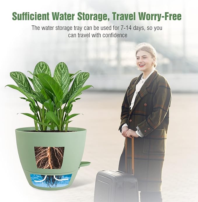 WOUSIWER 10 inch Self Watering Planters, 2 Pack Large Plastic Plant Pots with Deep Reservior and High Drainage Holes for Indoor Outdoor Plants and Flowers, Green