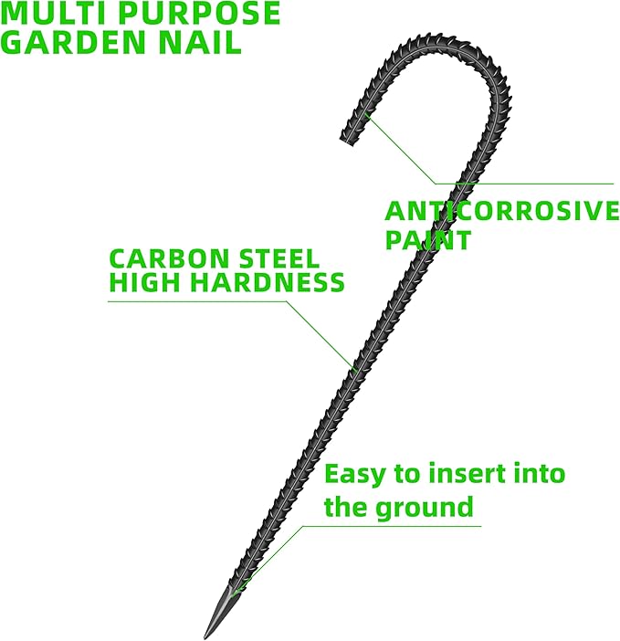10 Pieces 16-Inch Garden Ground Stakes Galvanized Steel J Shape Hook Rebar Stake - Heavy DutyAnchors for Tents, Position Kits,Fences, and Trampolines