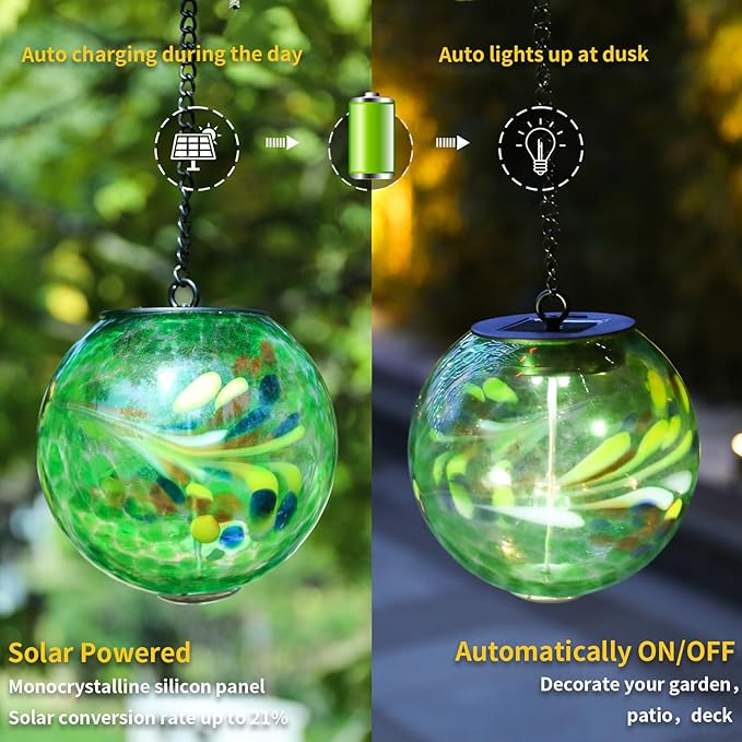 VCUTEKA Solar Hanging Lanterns, Outdoor Glass Gazing Ball Lights with Hook, Waterproof Energy-Efficient Solar Lanterns for Garden, Yard, Tree and Patio Decor, Green