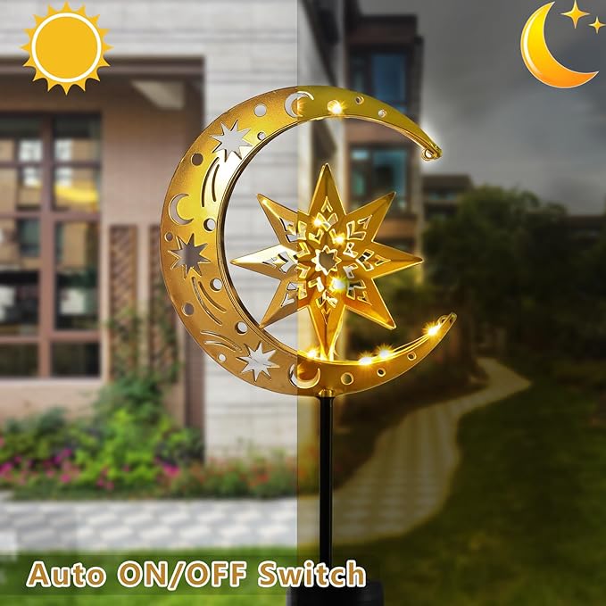 Charming Garden Decor- Solar Lights for Unique Yard Decorations Outdoor, Featuring Moon and Star Design with LED Illumination, Perfect for Enhancing Your Garden's Nighttime Ambiance