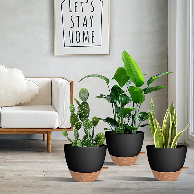 Planters for Indoor Plants 3 Pack, 10/9/8 Inch Self Watering Flower Pots with Drainage Hole, Plastic Large Plant Pots (Black)