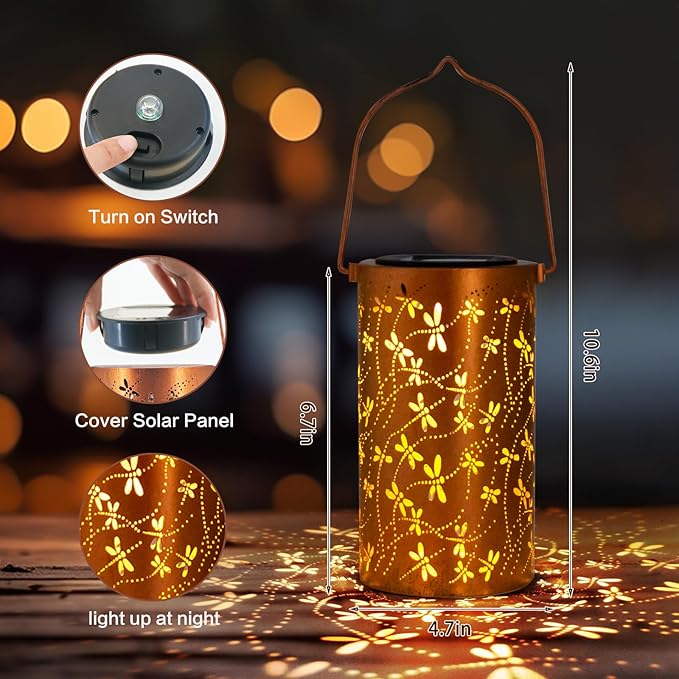 Mothers Day Gifts,Solar Lanterns Outdoor Hanging Lantern Lights, Dragonfly Hollowed-Out Metal Decor Lantern, Waterproof LED Decorative Garden Light - Delicate Garden Decoration for Patio, Yard