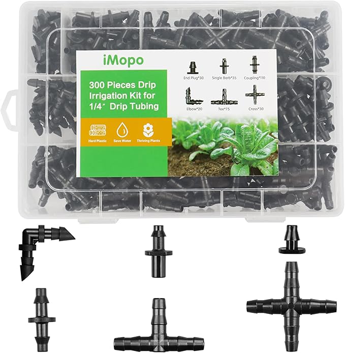 300 Pcs Barbed Connectors Irrigation Fittings Kit, Drip Irrigation Fittings 1/4” Tubing Connectors for Drip or Sprinkler Systems-Couplings, Single Barbs, End Plugs, Elbows, Tees, 4-Way Coupler