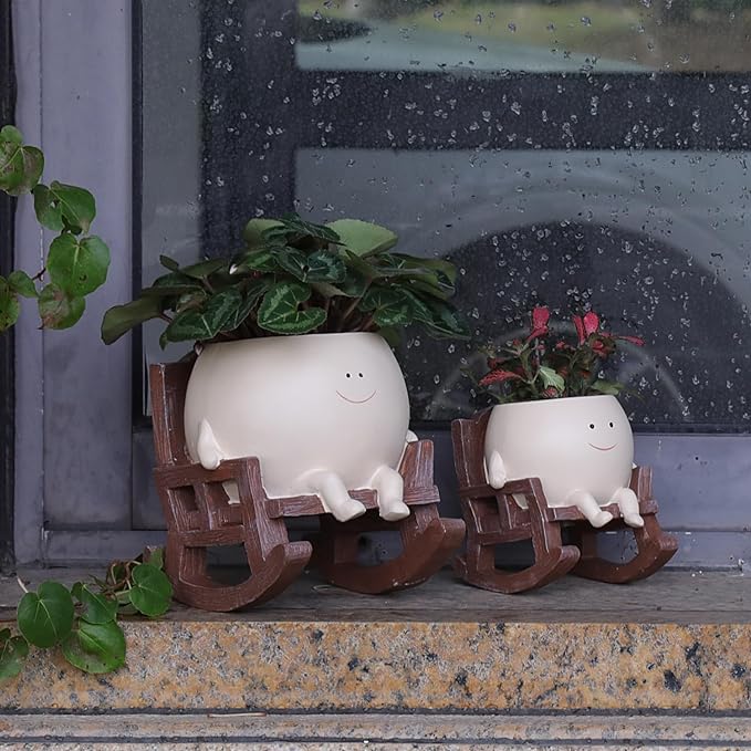 Smily Face Planter Pot Cute Resin Flower Head Planters for Indoor Outdoor Plants Unique Sitting Rocking Chairs Succulent Pots for String of Pearls Plant Live Gift Ideals with Drainage Hole