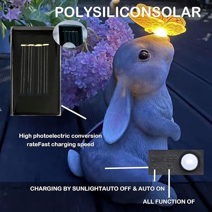 Solar Outdoor Garden Statues Decor-Rabbit Statue with Solar Butterfly Light 7 Colors Change for Patio Lawn Ornament Thanksgiving for Mom Grandma Kids, Bunny with Color Change