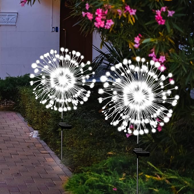 Solar Garden Lights Solar Firework Light Outdoor Waterproof 2 Pack Solar Powered Art Stake Twinkle Lights Outside Decor 180 LED Sparklers String Light for Yard Pathway Decorations (White)