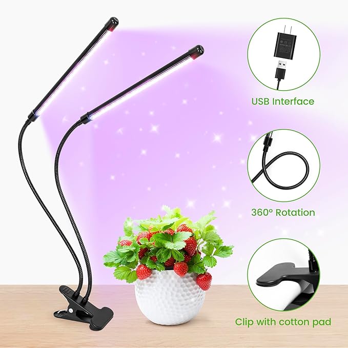 Clip Grow Light for Indoor Plants, Red Blue Spectrum Plant Growing Lamp with 3 Switch Modes,10-Level Dimmable,Auto ON & Off,3/9/12H Timer,Adjustable Gooseneck,1080 Lumen,Input Volateg 10W