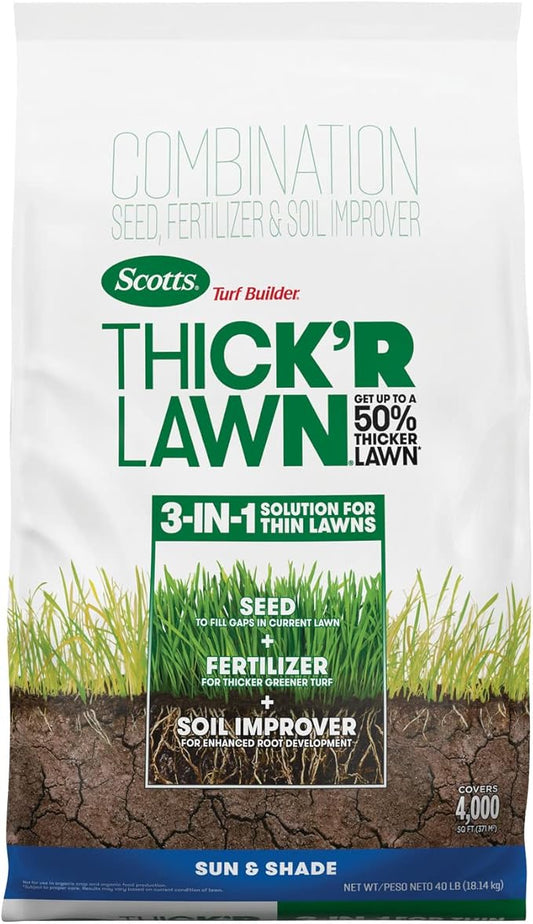 Scotts Turf Builder THICK'R LAWN Grass Seed, Fertilizer, and Soil Improver for Sun & Shade, 4,000 sq. ft., 40 lbs.
