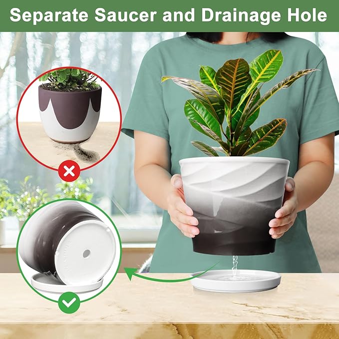6.7 + 5.5 Inch Plant Pot, Ceramic Planter with Drainage and Saucer，Ceramic Pots for Plants, Indoor Plant pots，Ceramic Flower pots(Dark Gray+White)