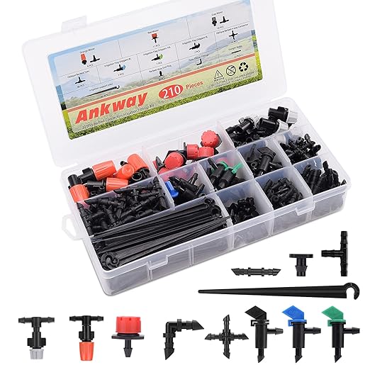 1/4 Drip Irrigation Fittings, 210 Pcs 1/4 Drip Irrigation Connectors Irrigation Fittings Kit for Flower Pot Garden Lawn (Spray,Micro Dripper,Straight Barbs,Tees,Elbows,End Plug,4-Way Coupling)