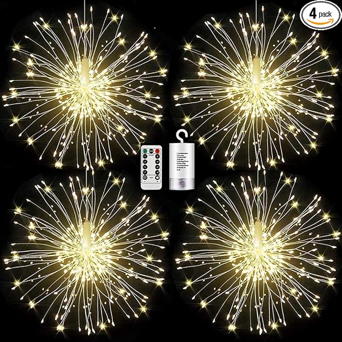 FOOING 4 Pack Firework Lights Led Copper Wire Star String Lights 8 Modes Battery Operated Fairy Lights with Remote,Wedding Decorative Hanging Lights for Party Patio Garden Decoration