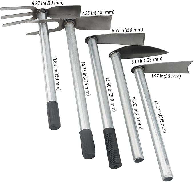 5 PCS Hoe Garden Tool Set, Hoe and Cultivator Hand Tiller, Heavy Duty Digging Hoe, 2 Fork and 3 Fork Hand Tiller for Gardening Weeding Digging Loosening Soil, Carbon Steel