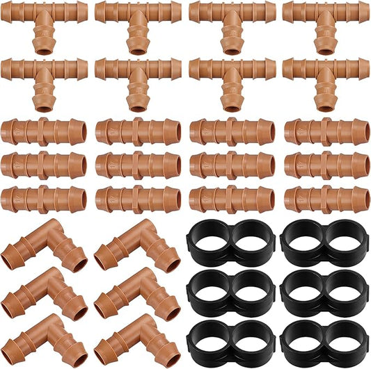 Drip Irrigation Fittings Kit for 1/2" Tubing, 32 Pieces Drip Line Connectors for Drip Sprinkler Systems - 12 Couplings, 8 Tees, 6 Elbows, 6 End Caps, Drip Irrigation Parts for 1/2 Inch Drip Hose