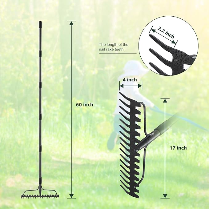 60'' Bow Rake Heavy Duty Garden Rake with Stainless Steel Handle,Tines Metal Head Rake Tool for Loosening Soil Gathering Leaf Leveling Lawn Farming Land Management Yarn Thatch Rake
