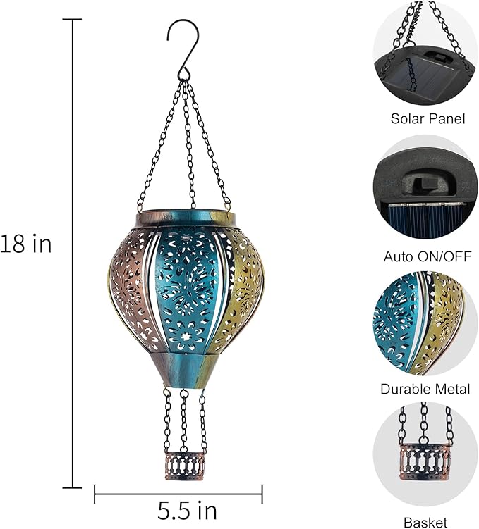 pearlstar Butterfly Lantern Outdoor Solar Hanging Hot Air Balloon Lantern Waterproof Solar Light Decorative for Porch Shed Fence Patio Yard Garden Lighting, Gardening Gift for Women Mom