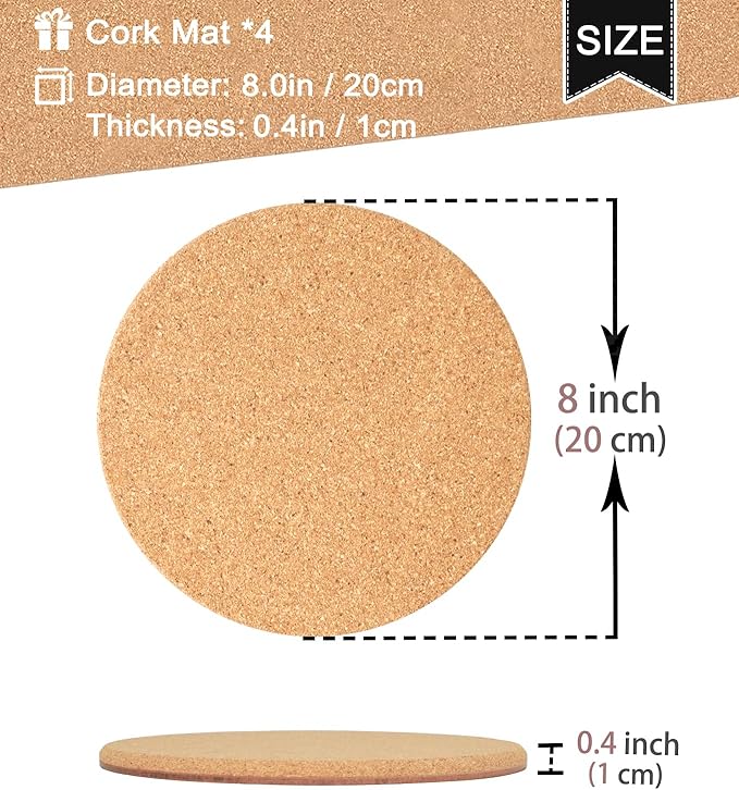 Cork Plant Coasters, Double Layers Hard Thick Cork Planter Coaster, 8 Inch Absorbent Cork Plant Mats, Cork Trivets for Hot Dishes, Cork Plant Coasters for House Plants, 4 Pcs
