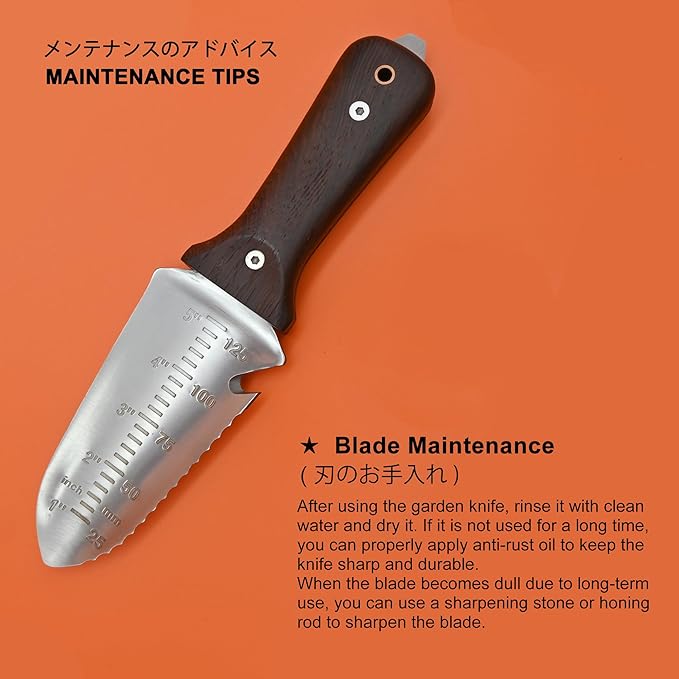 Hori Hori Garden Knife [Made in Japan] Heavy Duty Stainless Steel Japanese Hori Knife with Sheath Garden Tools, Natural Wenge Wood Handle, Full Tang