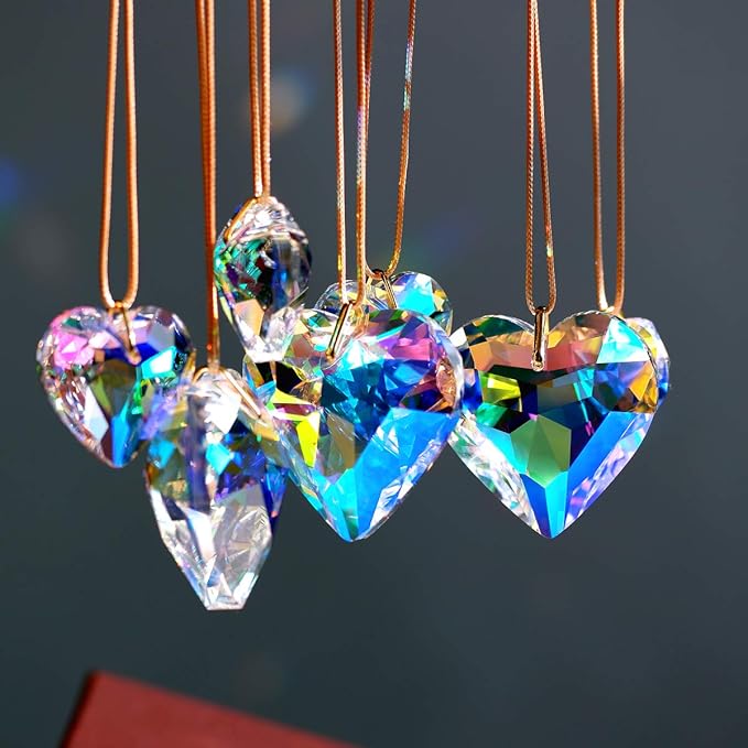 Crystal Heart Prisms Suncatcher Pendant AB Color for Windows, Garden Hanging Decor, Rainbow Maker Crystal Ornament 30/45mm Set of 7