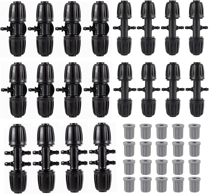 40 Pcs Barbed Tee 1/2 Inch to 1/4 Inch Drip Irrigation Fittings Kit for (1/2'' ID x 0.60''-0.63'' OD) 16mm Irrigation Tubing Anti-Drop Barbed Connectors 8 Tee,8 Four-way,4 Six- way,20 End Caps
