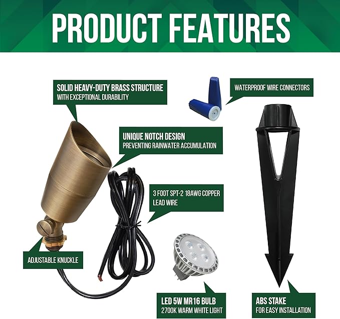 GKOLED 6 Pack Solid Brass Low Voltage Compact Spotlight, 12V AC/DC Waterproof Outdoor Landscape Spot Lights, Up Light with 5W 2700K MR16 Bulb for House Trees Garden Yard Lawn, Stake Included