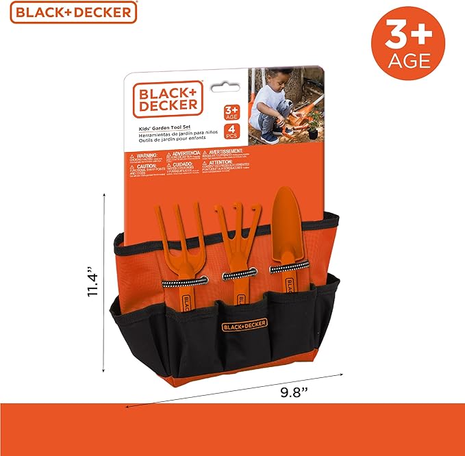 Black & Decker Four Piece Gardening Hand Toolset for Kids – Garden Tool Bag That Holds Plastic Hand Tools