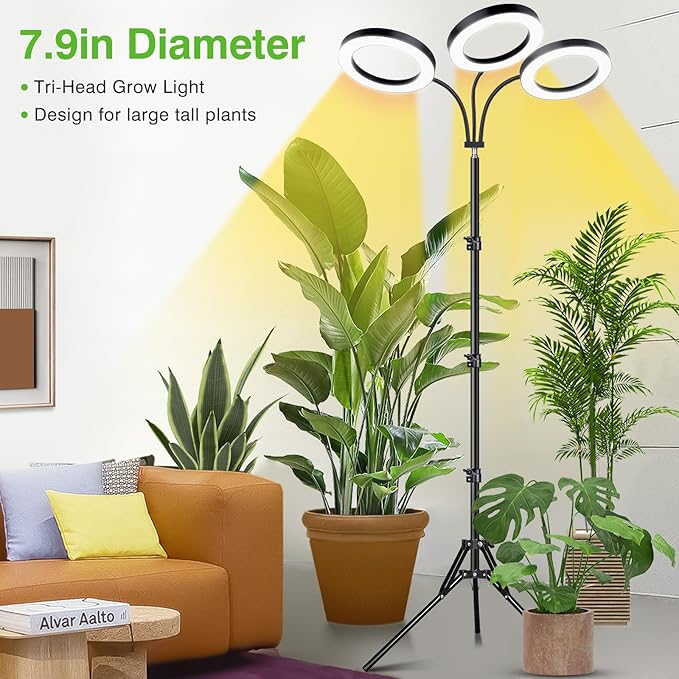 LORDEM Grow Light for Indoor Plants, 7.9" Diameter Tri-Head Plant Light for Plants Growing, Full Spectrum Growth Lamp with Auto Timer 3/6/12H, 4 Dimmable Levels, 3 Lighting Modes, Adjustable Stand