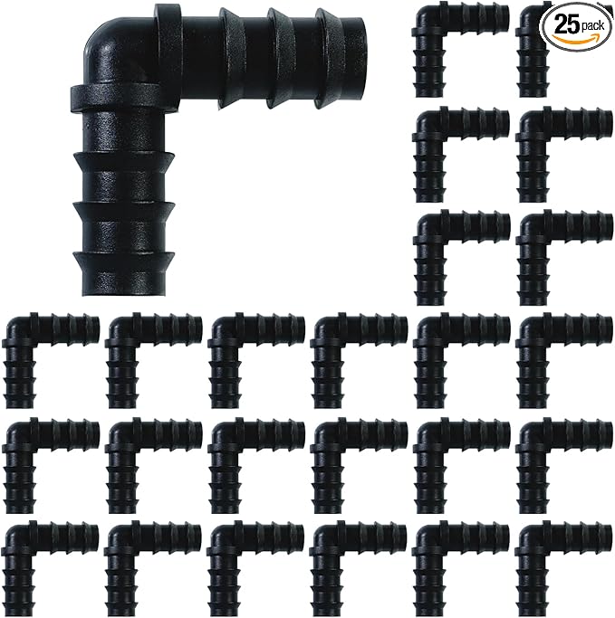 25PCS Drip Irrigation Barbed Elbow Fitting Kit for 1/2 Inch Tubing (16MM OD) .600" ID Drip Irrigation Connectors Elbow Dripline Barbed Connector Drip Irrigation Sprinkler System for Garden Lawn