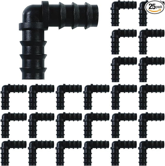 25PCS Drip Irrigation Barbed Elbow Fitting Kit for 1/2 Inch Tubing (16MM OD) .600" ID Drip Irrigation Connectors Elbow Dripline Barbed Connector Drip Irrigation Sprinkler System for Garden Lawn