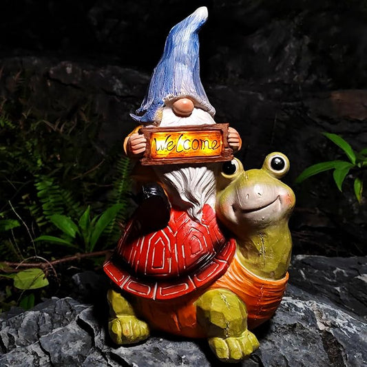 Welcome Solar Gnome Clearance Riding Turtle Statue for Garden Decor - Solar Outdoor Christmas Statue Sculpture Home and Garden Decor for Patio,Yard,Balcony Ornament,Turtle Figurine Light Gifts