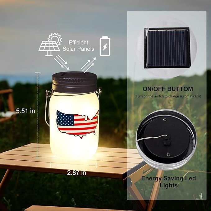 Solar Lanterns Outdoor Waterproof Tabletop - The USA Flag Outdoor Waterproof Hanging Solar Lights Glass Jar for Garden,Patio,Pathway & Yard Decor 2 Pack