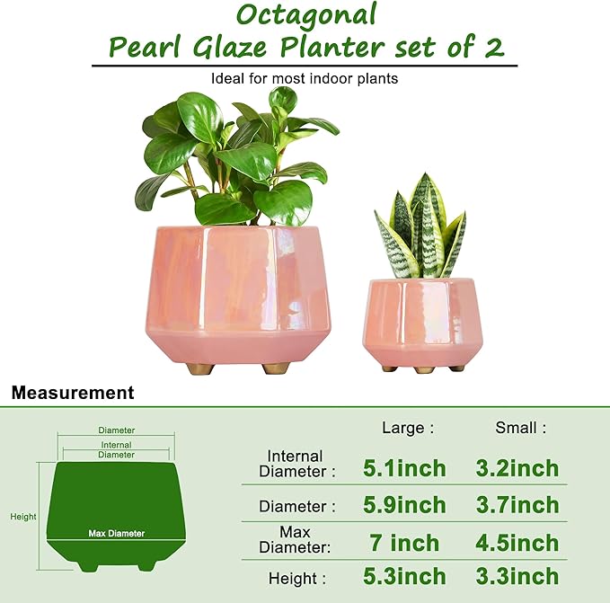 6 Inch + 4 Inch Ceramic Planter for Indoor Plants - Plant Pots with Drainage Hole - Modern Minimalist Flower Pot for Succulents and Herbs, Pink