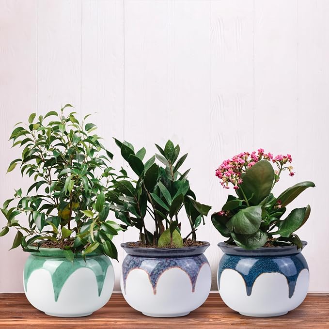 Self Watering Pots for Indoor Plants, 6 Inch African Violet Pots, Easy Plant Self Watering Planter, Ceramic Plant Pot with Absorbent Inner Pot for Flowers,Flower Pots - Gradient Green
