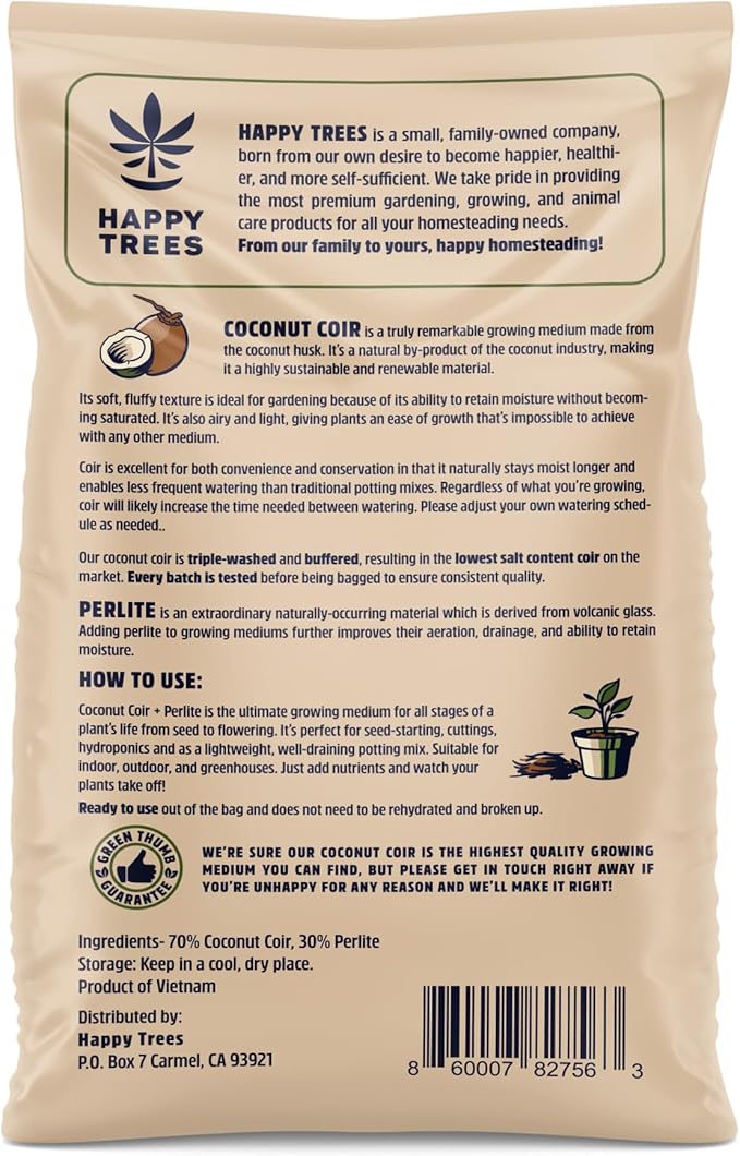 Happy Trees Coco Coir and Perlite 70/30 Growing Medium, Potting Mix, Seed-Starting, Premium Quality Triple-Washed for Low Salt/EC, pH Balanced Loose Coconut Fiber, Peat-Free, 50L (1.8 cu.ft.)