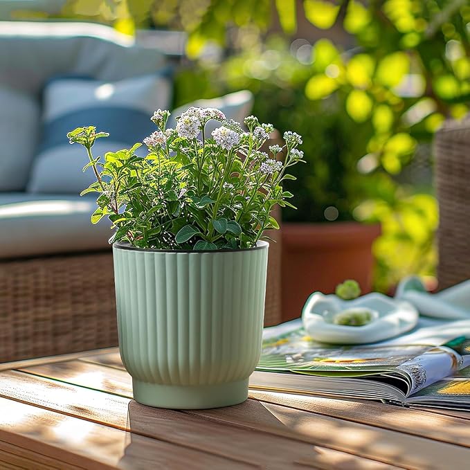 T4U 4.5 Inch Self Watering Pots for Indoor Plants, 6 Pack Green Plastic Flower Pots for All House Plants, Flowers, African Violets