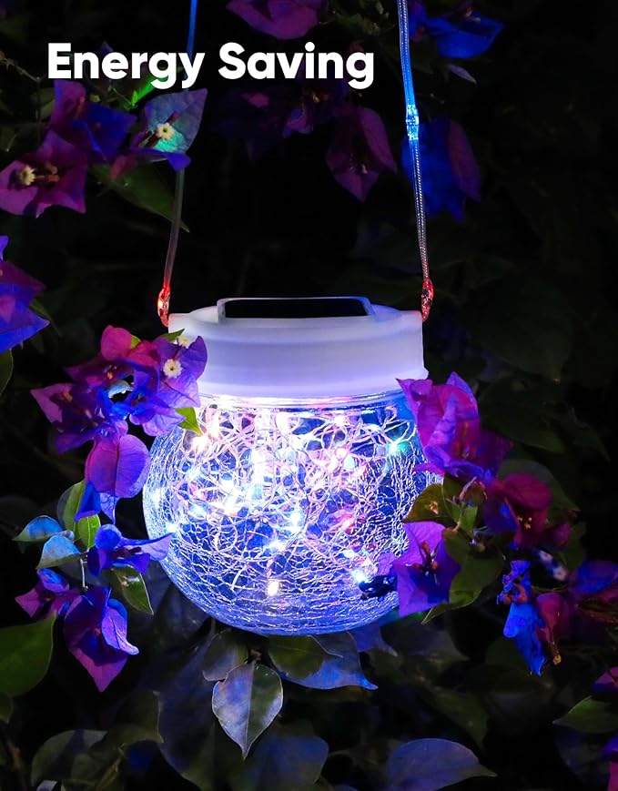 Solar Lantern Solar Lights Outdoor Waterproof 2-Pack, Solar Powered Hanging Lights Cracked Glass Hanging Globes for Christmas Decoration, Shepherd Hook, Garden Tree Ornaments,White Cap, Multi-Color