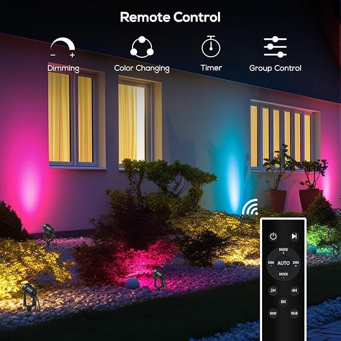 SUNTHIN Outdoor Landscape Lighting with Remote, RGBW Color Changing Spot Uplights, IP65 Waterproof & Connectable, 4 Pack