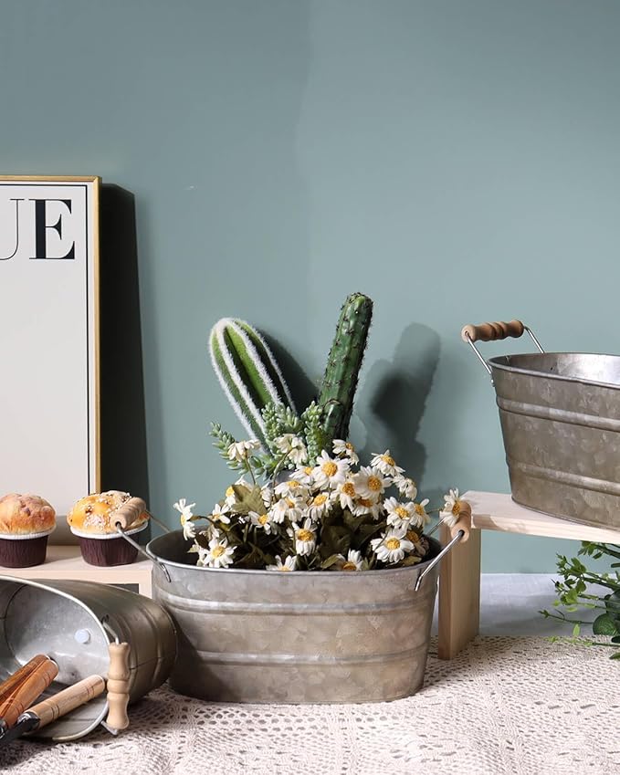 vensovo Galvanized Oval Planter Tubs for Outdoor Plants - Farmhouse Small Metal Tin Buckets with Drain Hole & Rubber Plug Medium Plant Containers with Handles Vintage Style for Decor, Set of 3