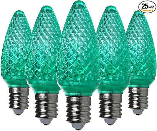 UL Listed Set of 25 C9 Green LED Christmas Lights Replacement Bulbs, Dimmable High Brightness Waterproof Christmas Replacement Bulbs for Outdoor Holiday Decoration