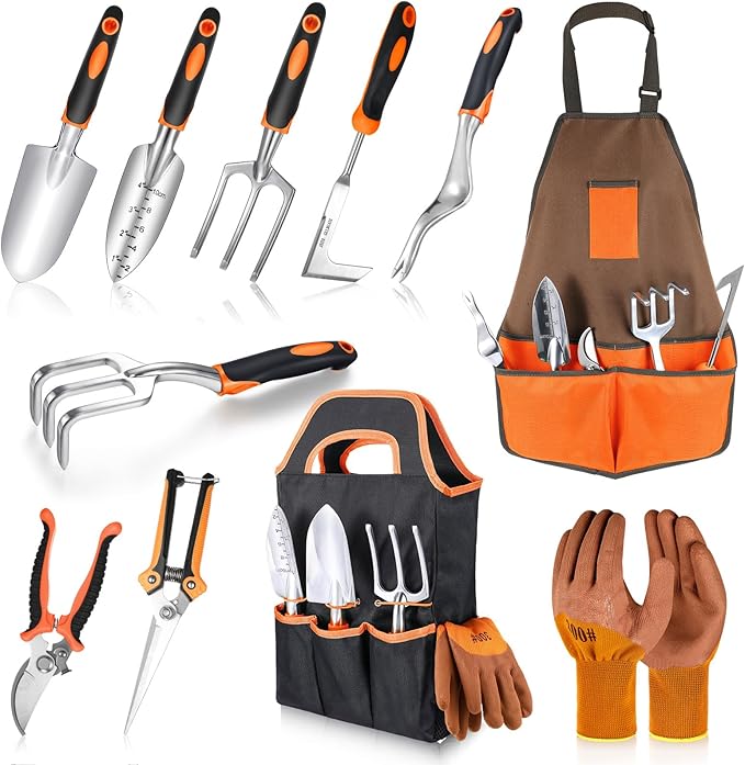 11 Pcs Garden Tool Set Heavy Duty Aluminium Alloy Tools with Ergonomic Handle, Durable Gardening Hand Tools Kit Includes Apron,Storage Tote Bag, Gardening Gifts for Women Men(Orange)