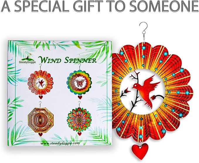 SteadyDoggie Wind Spinner - 12-Inch 3D Stainless Steel Lovebird Design with Heart Pendant - Laser Cut Metal Art Geometric Pattern - Hanging Kinetic Yard Garden Decor