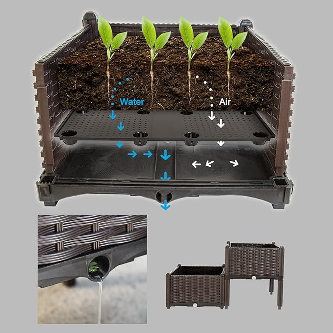 Barton 2 Pieces Raised Garden Bed Brown Plastic w/Self-Watering Design Outdoor Elevated Planter Box Kit Wheels Mobile